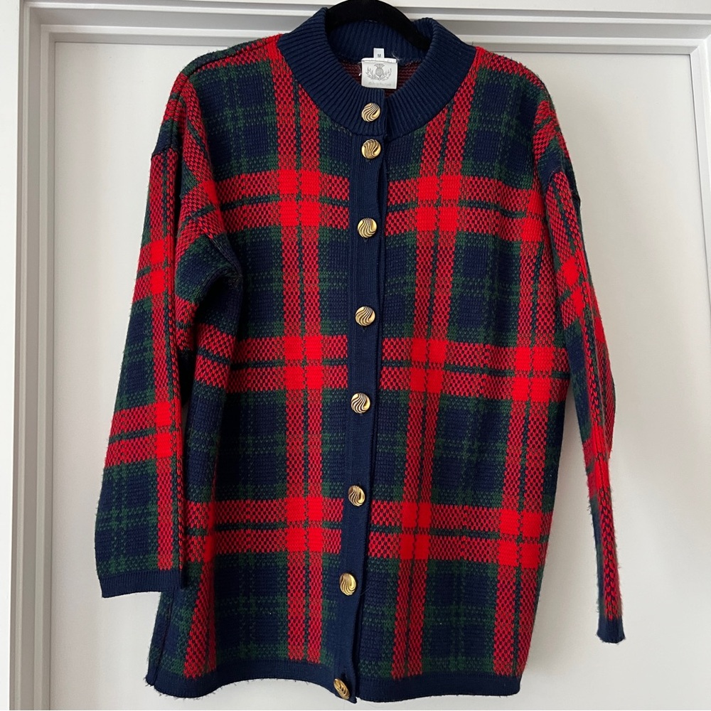 Vintage Red and Blue Plaid Cardigan with Gold Buttons - Size Medium